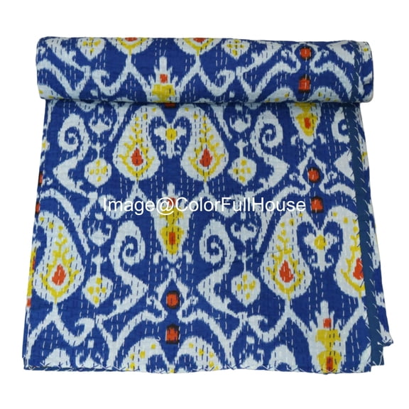 Handmade Kantha Quilt, Ikat Pattern with Colorfull Accents, Traditional Indian Blanket, Bedspread ( King 108" x 108" )