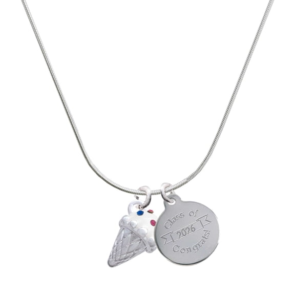 Delight Jewelry Silver-tone 3-D Vanilla Ice Cream Cone with Crystal Sprinkles - Engraved Congrats Class of 2026 Charm Necklace, 18"