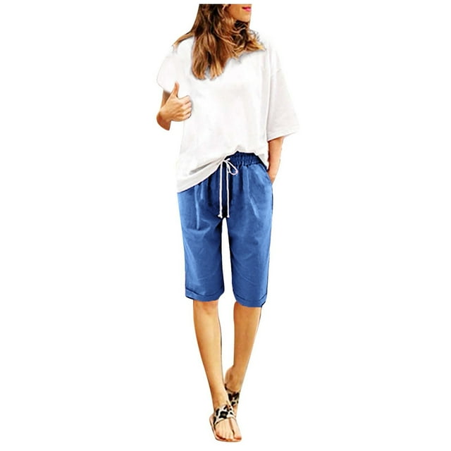 Women Summer Cotton Pants Plus Size High Waisted Shorts Lacing Beach Workout Pocket Five Point Pants