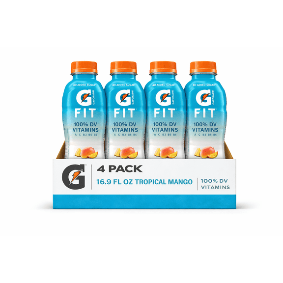 Gatorade Fit Electrolyte Beverage, Tropical Mango, 16.9 fl oz Bottles, 100% DV Vitamins, No Added Sugar – Sports Hydration Drink, 4 Pack