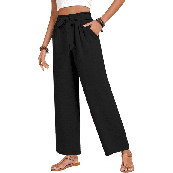 FIUFY Women's Wide Leg Lounge Pants with Pockets Lightweight High Waisted Adjustable Tie Knot Loose Trousers