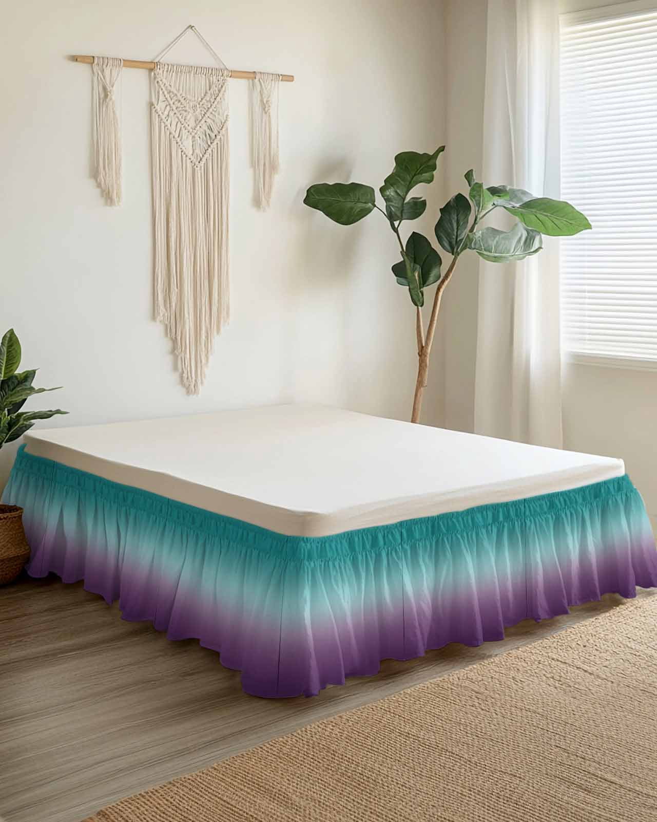 Cyan Turquoise Bed Skirt Queen Size 18" Drop Purple Gridient Ruffled Wrap Around Bed Skirts Adjustable Elastic Bedskirt Dust Ruffle for Queen Size Bed