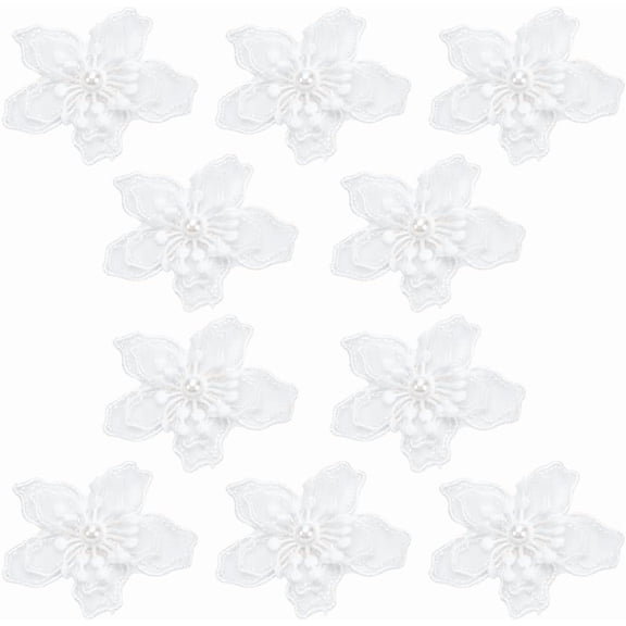 10Pcs 3D White Flower Organza Embroidered Applique with Pearl Lace Flowers Sew On Decorative Patches for Wedding Bridal Dress Sewing DIY Craft Clothes Hat Curtain Ornaments for making