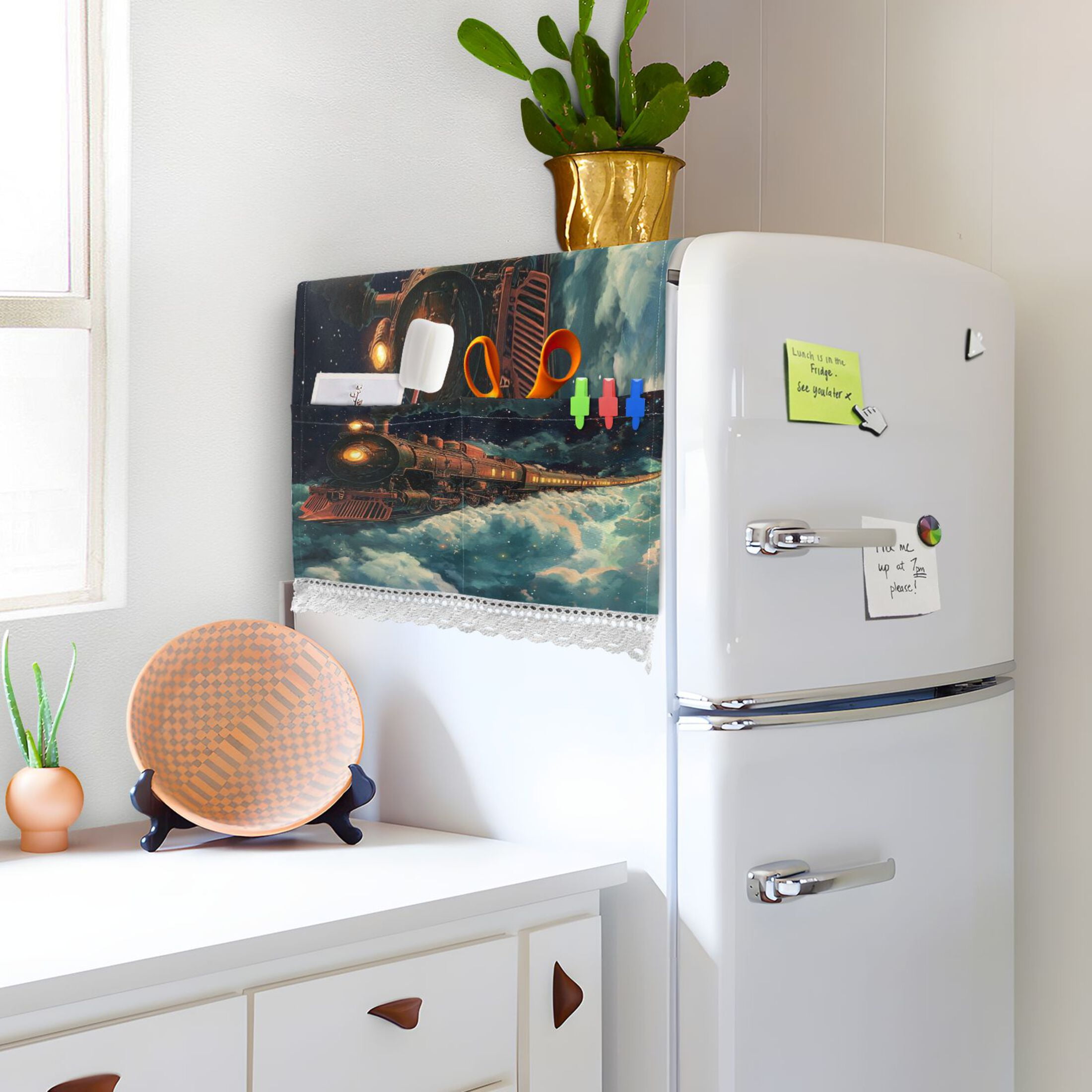 The Train Travels in SpaceWasher and Dryer Covers Dust-Proof and Oil Resistant Fridge Cover with 4 Storage Pockets Washing Machine Top Cover for Laundry Kitchen Home 51.2 x 22 In
