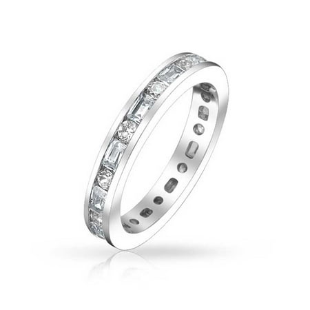 Eternity Anniversary Wedding Ring Minimalist Thin Pave Round Baguette Stackable Eternity Anniversary Wedding Band Ring For Women 925 Sterling Silver 2MM ()