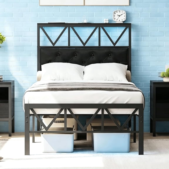 Twin Size Bed Frame with LED Light and Charging Station, Black Upholstered Headboard with Shelf, Under Bed Storage, No Box Spring Needed, Noise Free, Easy Assembly, Black