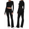thumbnail image 3 of Women'S 2 Piece Matching Lounge Set Long Sleeve Slightly Crop Top Wide Leg Pants Casual Sweatsuit Black S, 3 of 8