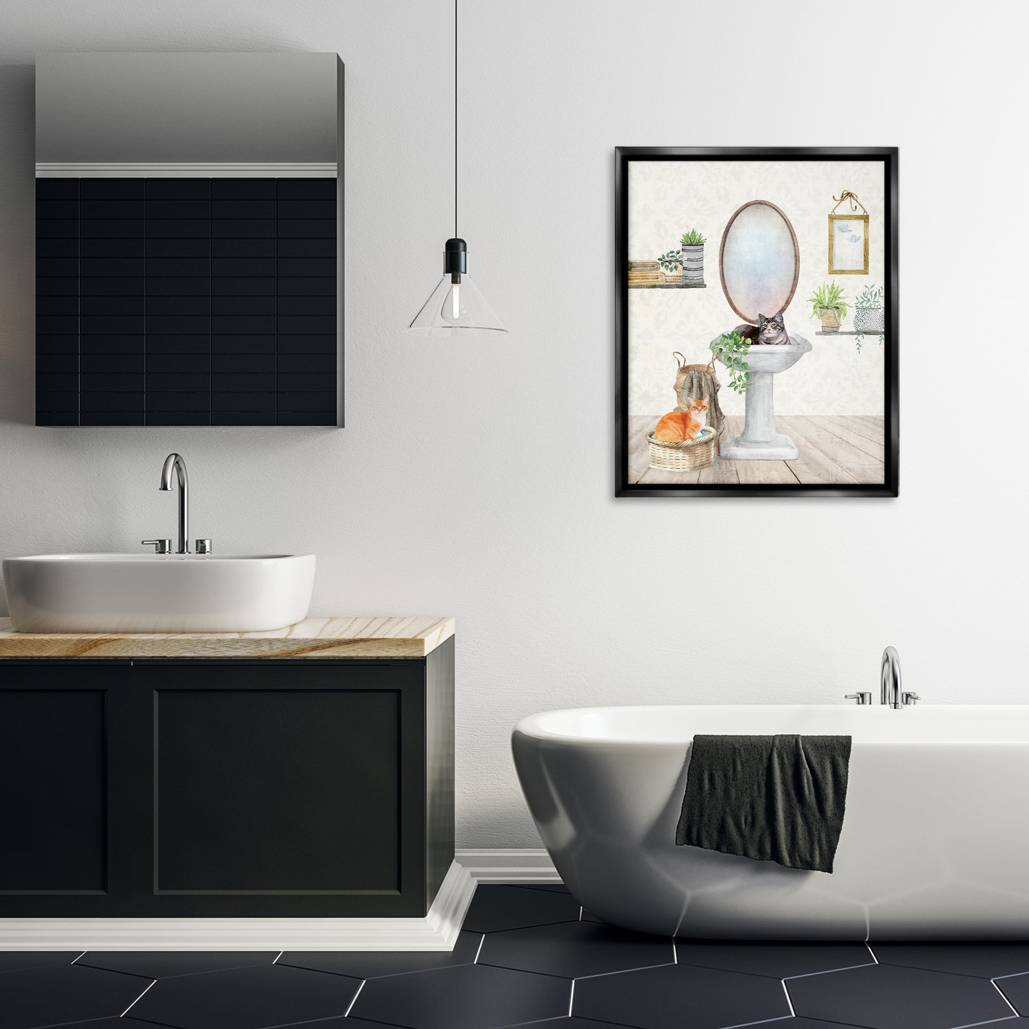 Stupell Industries Cats in Bathroom Scene Bath & Laundry Painting Black Floater Framed Canvas Art Print Wall Art, 25 x 31