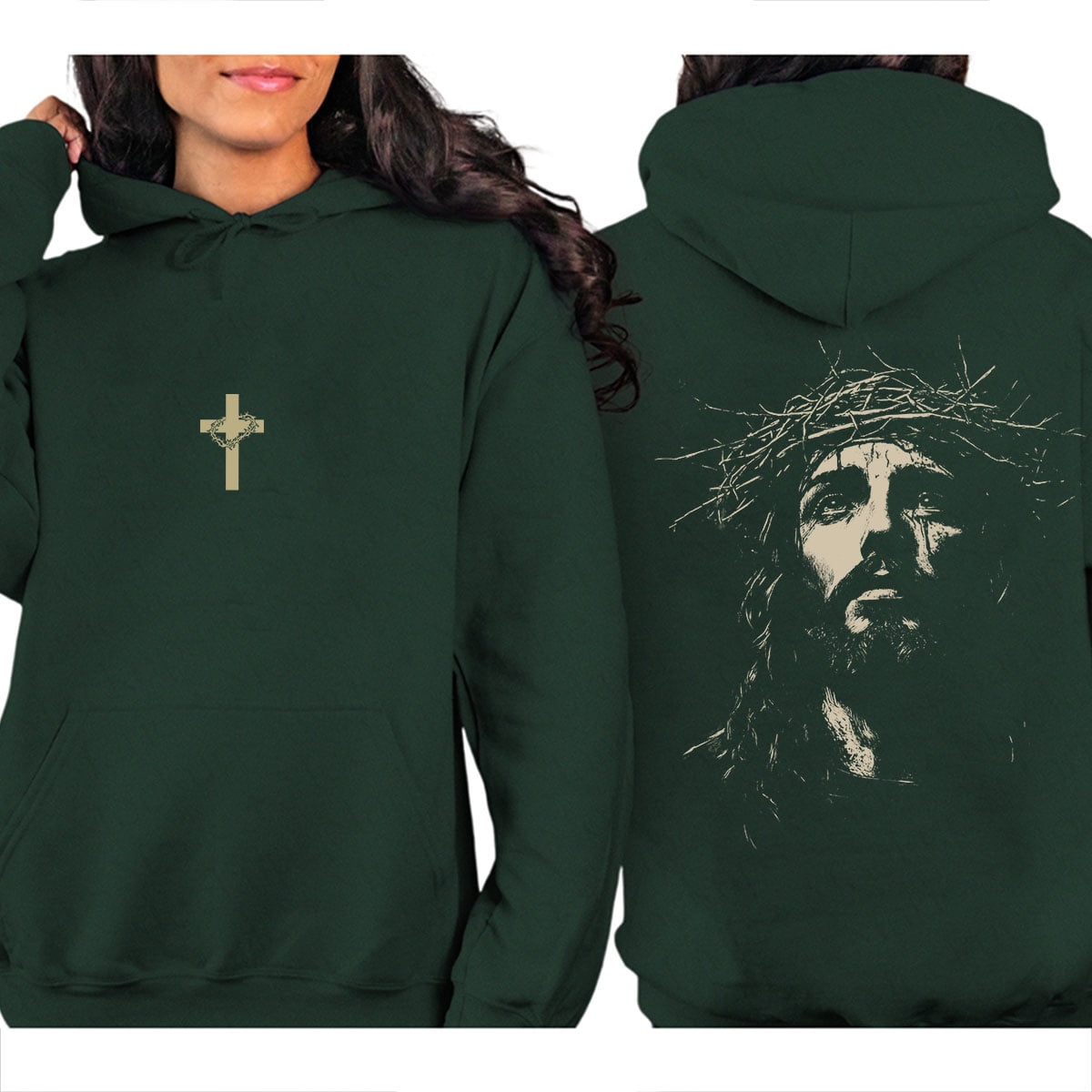 Jesus Crown of Thorns Double-Sided Christian Unises Pullover Hoodie, Faith-Based Religious Hooded Sweatshirt for Men and Women, Sizes S–5XL