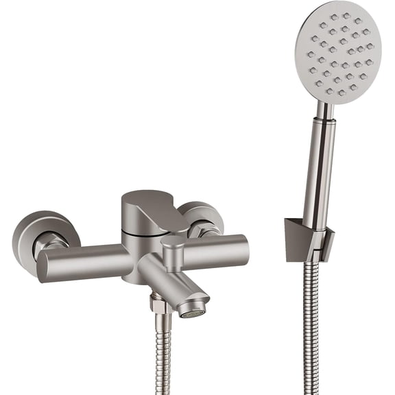 Zovajonia Brushed Nickel Wall Mount Bathtub Faucet, Single Handle, 6" Center, Handheld Sprayer, Stainless Steel
