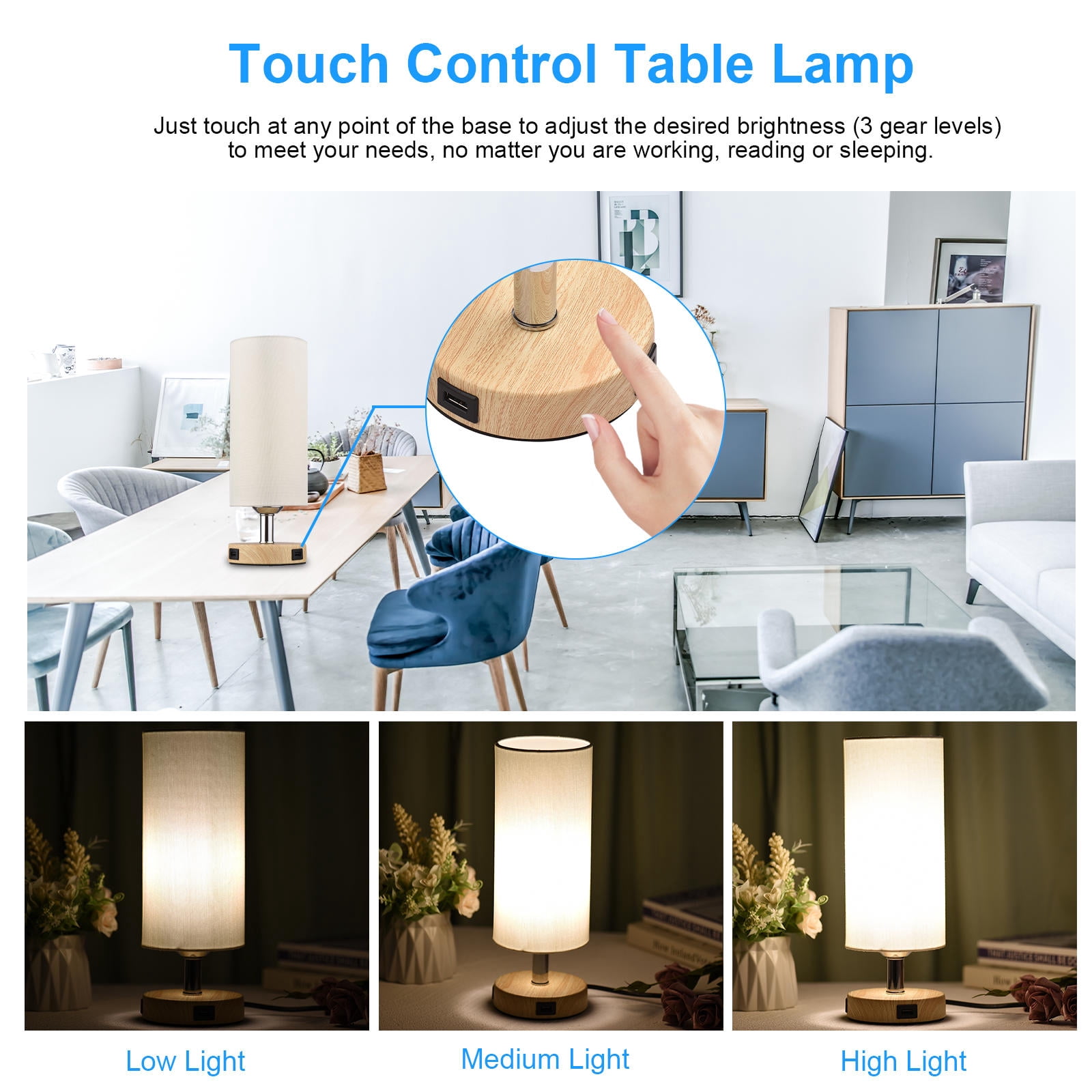 YAHHU Touch‑Control Table Lamp with 6W 2700K LED, Dual USB Ports, Fabric Shade – 3‑Level Brightness, Ideal for Bedside & Living Room