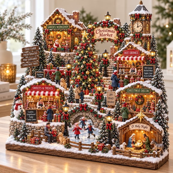 Wooden Block Christmas Village Lighted Holiday Market Scene Wood Shelf Sitter Home Decor for Christmas