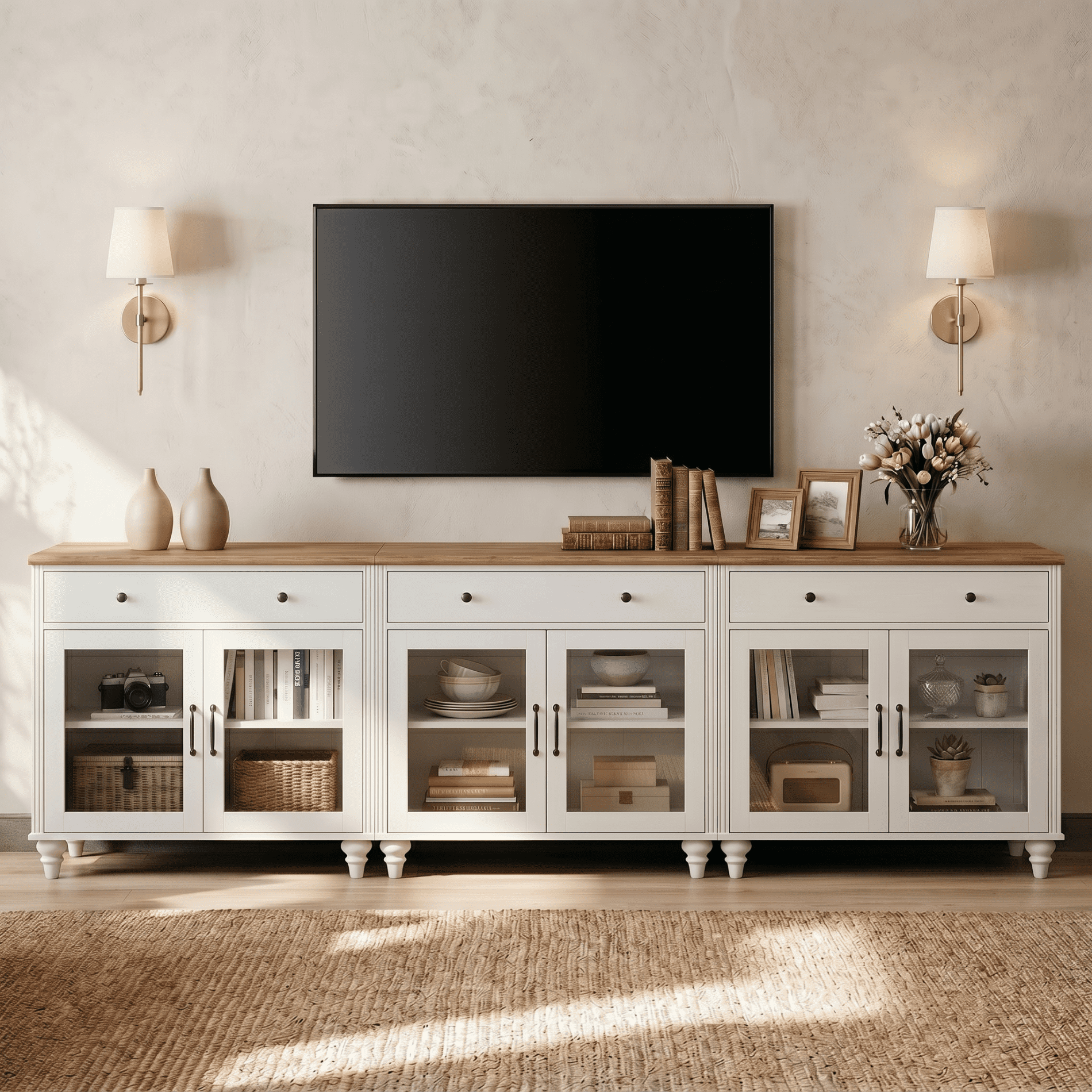 TV Stand For 100 Inch TV Inch TV, 3-In-1 TV Console Table For 75/80/85/90 Inch TV, Entertainment Center With 3 Drawers And 6 Doors, White