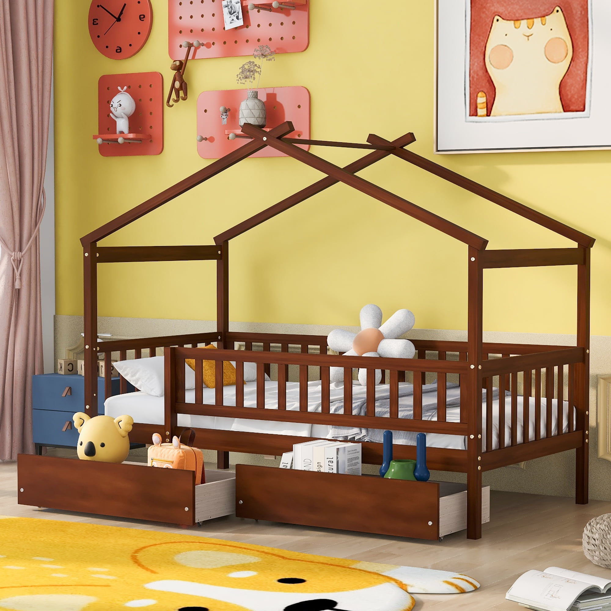 Sailvan Twin Size Wooden House Bed with Two Drawers