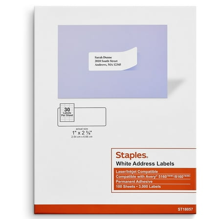 Staples Laser/Inkjet Address Labels 1" x 2 5/8" White 30 Labels/Sheet 18057/SIWO100