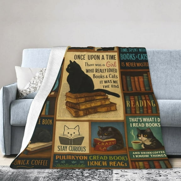 Gifts For Readers, Book Lover Gifts For Women, Black Cat Flannel Blanket for Adults – Cozy Throw for Sofa Bed or Office Use for All Seasons 50x40