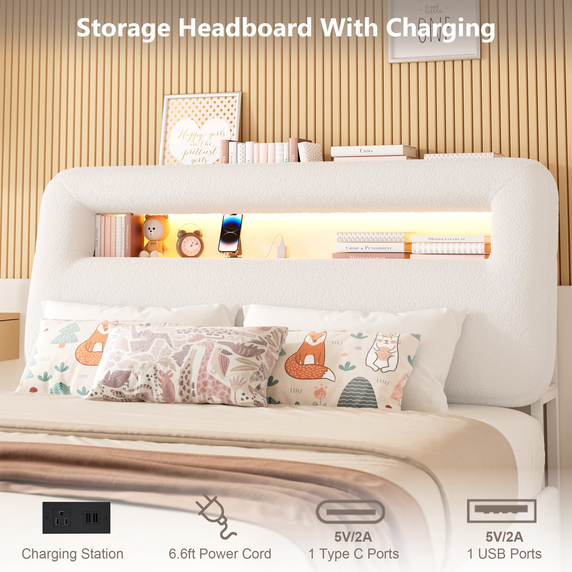 Miniyam King Bed with Storage Drawer, Sherpa Upholstered Headboard, LED Light & USB Charging for Adult