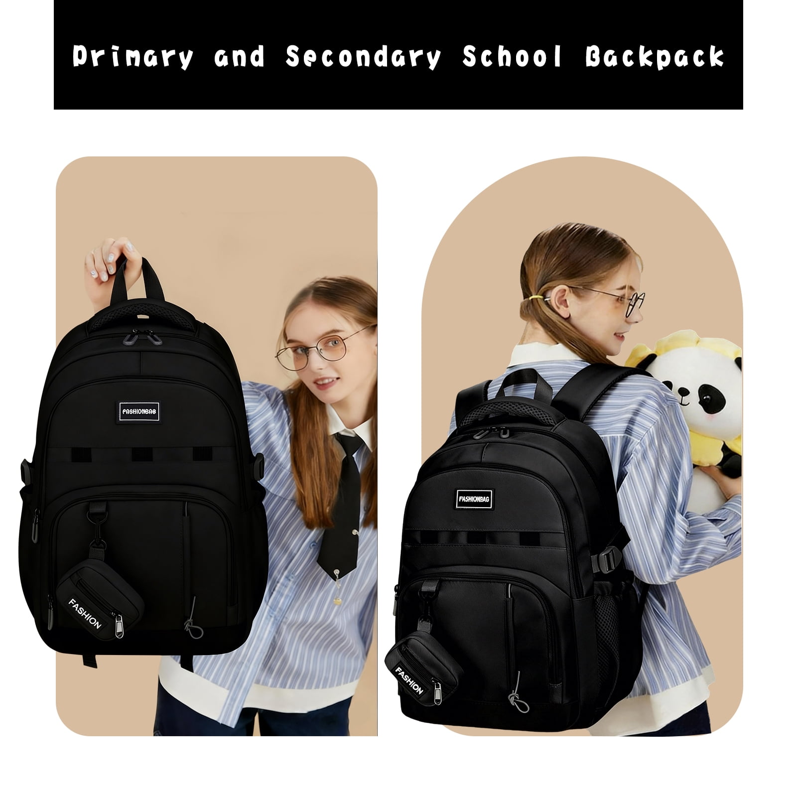 DAKIMOE School Backpack for College High Middle School Fashion Student Bag Cute Aesthetic Teen Bookbag for Teens Women Kids Girls Black