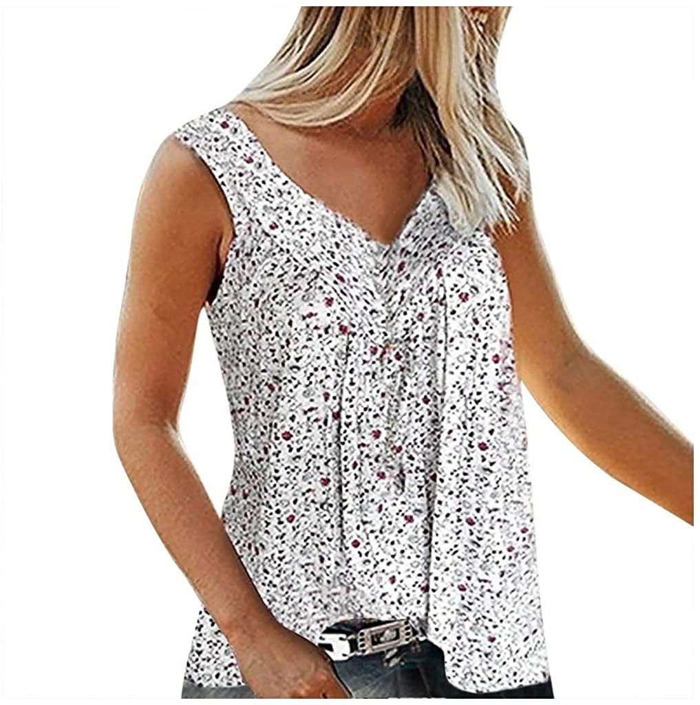 Womens Loose V Neck Floral T-shirt Ladies Summer Sleeveless Casual Blouse Tops