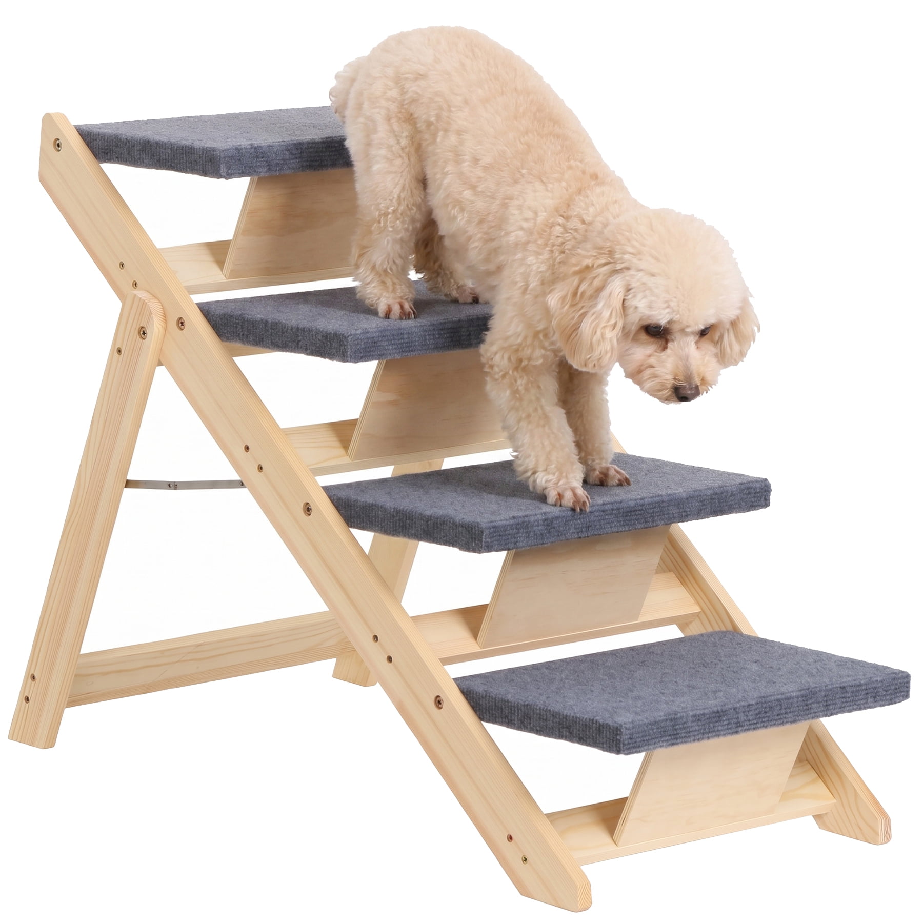 ZENY 4 Step Wooden Pet Stairs, 2-in-1 Foldable Dog Ramp with Non-Slip Carpeted Steps, 150 lb Capacity for Bed and Sofa