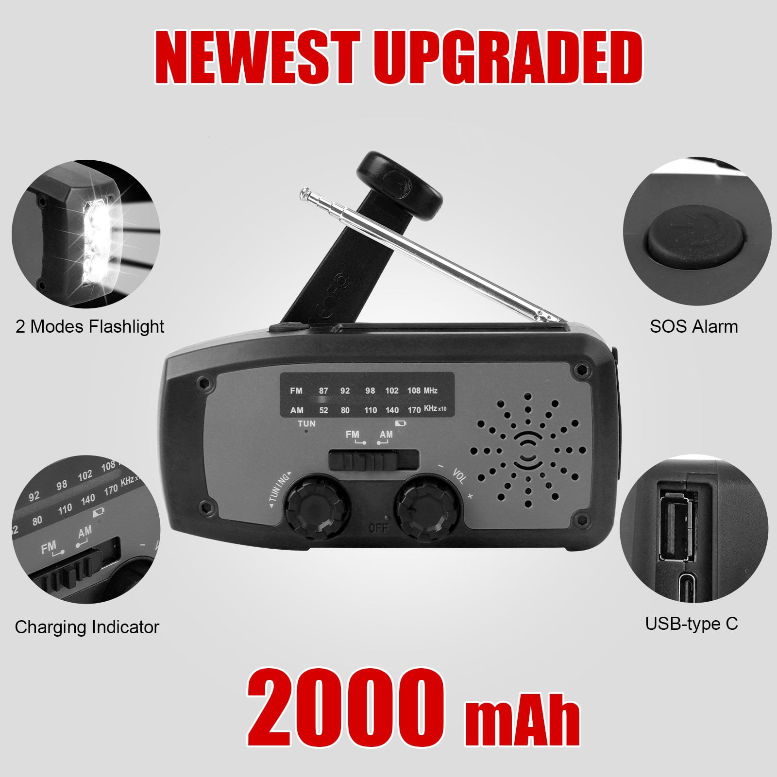 Fovendi Emergency Hand Crank Radio with LED Flashlight, AM/FM NOAA Portable Weather Radio with 2000mAh Power Bank Phone Charger, USB Charged & Solar Power for Camping