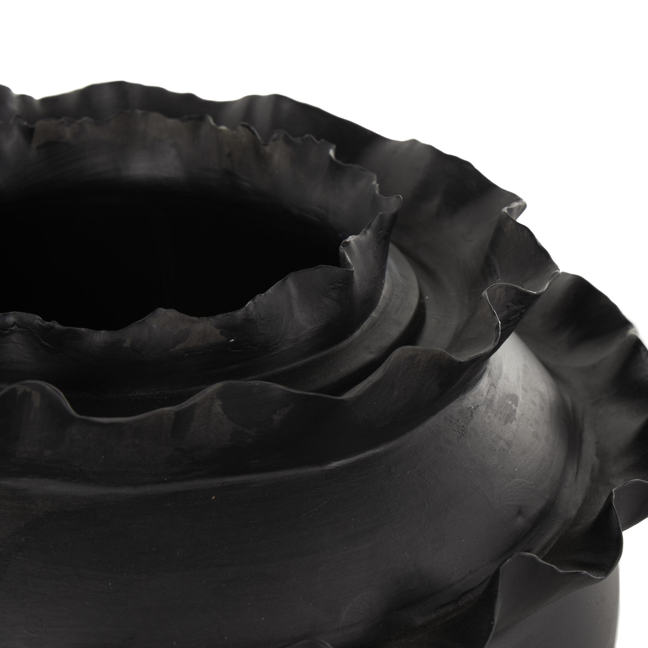 DecMode 9" Abstract Wide Rounded Floral Inspired Black Ceramic Vase with Layered Petals