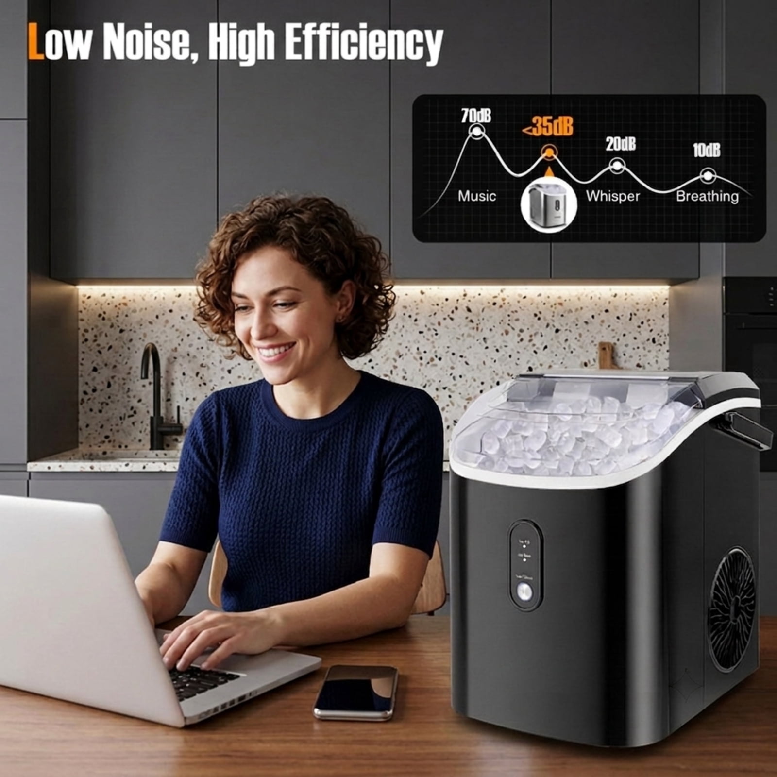 RUIE Nugget Ice Maker Countertop, Soft Chewable Pellet Ice Machine 34 lbs/Day for Home Kitchen Office Bar, Portable Ice Maker with Scoop, Black