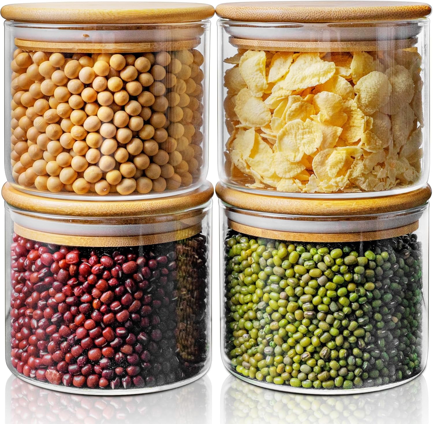 GRD Multi Size-5 Pack Glass Jars with Bamboo Lids,Glass Pantry Storage Containers with Airtight Lids,Round Air Tigh Food Storage Canisters for Cereal,Pasta,Flour,Sugar, Best for Kitchen Organizer