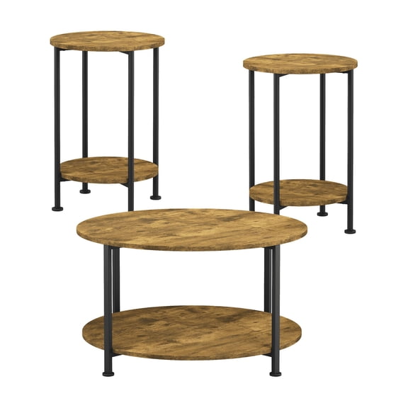 Industrial 3-Piece Coffee Table Set with Round Coffee Table 2 End Tables Rustic Brown Metal Frame Living Room Set