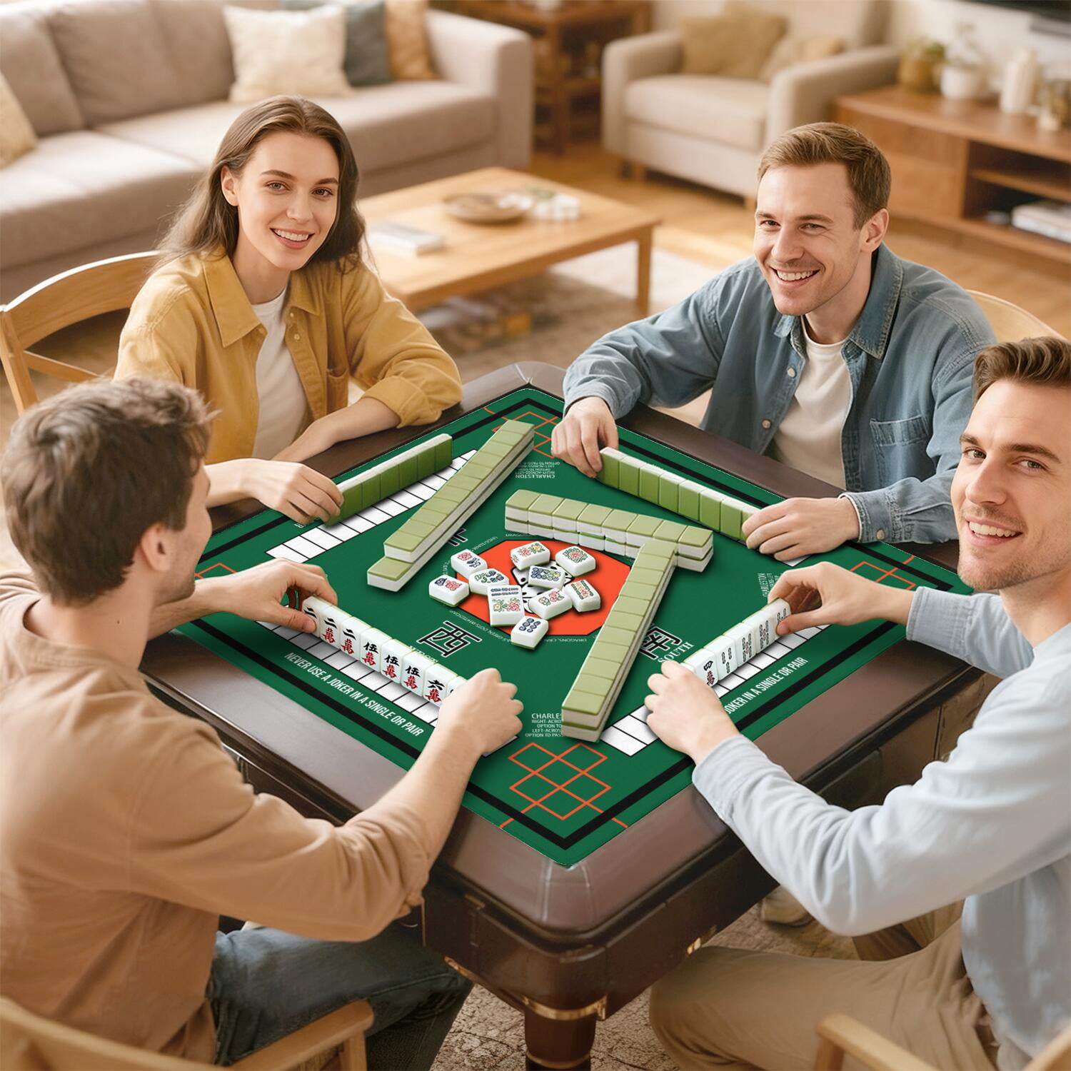 Green Mahjong Mat with Rules, 31.5*31.5in Anti Slip American Mahjong Mat for Table, Noise Reduction, Neoprene Mah jongg Mats with Carrying Bag & 3 Dices, Mahjong Supplies Gift, Board Tile Games Mats