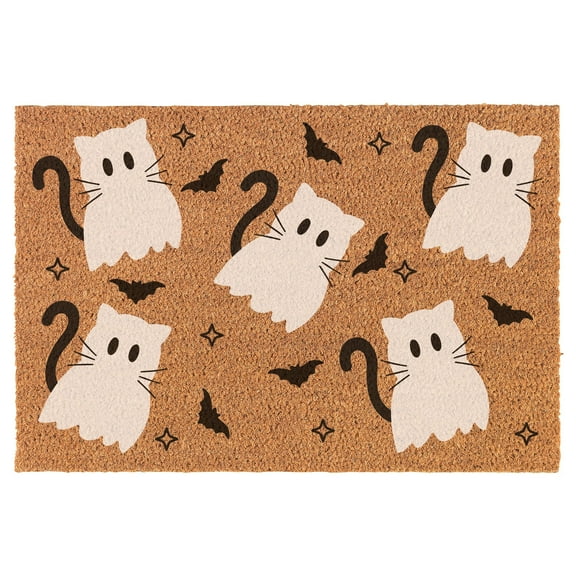 Welcome Doormat Coco Coir Door Mat Gift Cat Ghosts Bats White Halloween (24" x 16")