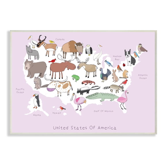 Stupell Industries Pink United States Map of Wild Animals,10 x 15,Designed by Carla Daly