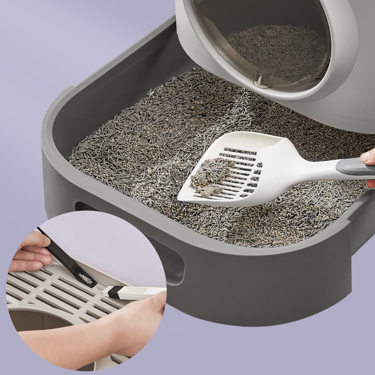 LEDREM XL Enclosed Cat Litter Box with Slide-Out Tray, Anti-Tracking Top Grate & Adjustable Door, Includes Scoop & Brush, Dove Gray and Slate Gray