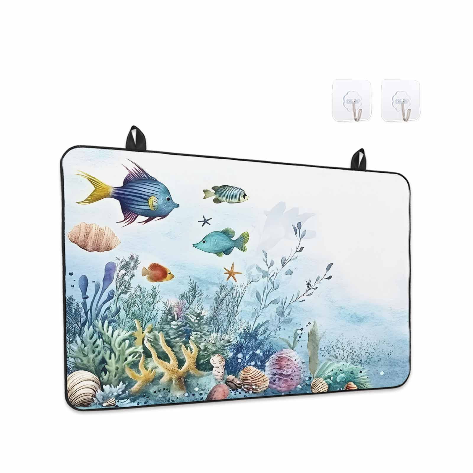 Ocean Coastal Stove Top Cover for Electric Stove, Heat-proof & Non Slip Glass Top Stove Cover Protector, Coral Fish Watercolor Shell Starfish Kitchen Flat Cooktop Rubber Mat 24x21 Inches