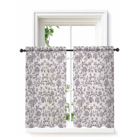 Purple Floral Leaf Curtains 45 Inch Length, Sheer Curtains for Bedroom Living Room Window Retro Farmhouse Plant Tree Branch Rod Pocket Voile Drapes Kitchen Curtains Small Half Window 52"x45" 2 Panels