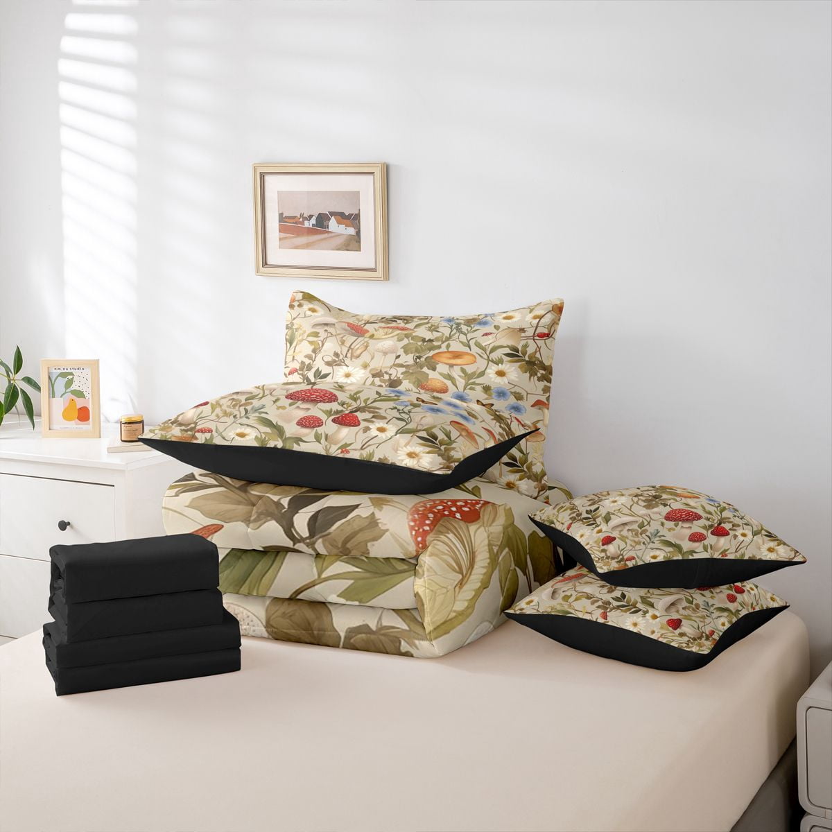 Homewish Cute Mushroom 7-Piece Twin Bedding Sets,Rustic Daisy Flower Bedding Comforter Set,Brown Red Sheet Sets For Adults,Microfiber Bedroom Decor Reversible