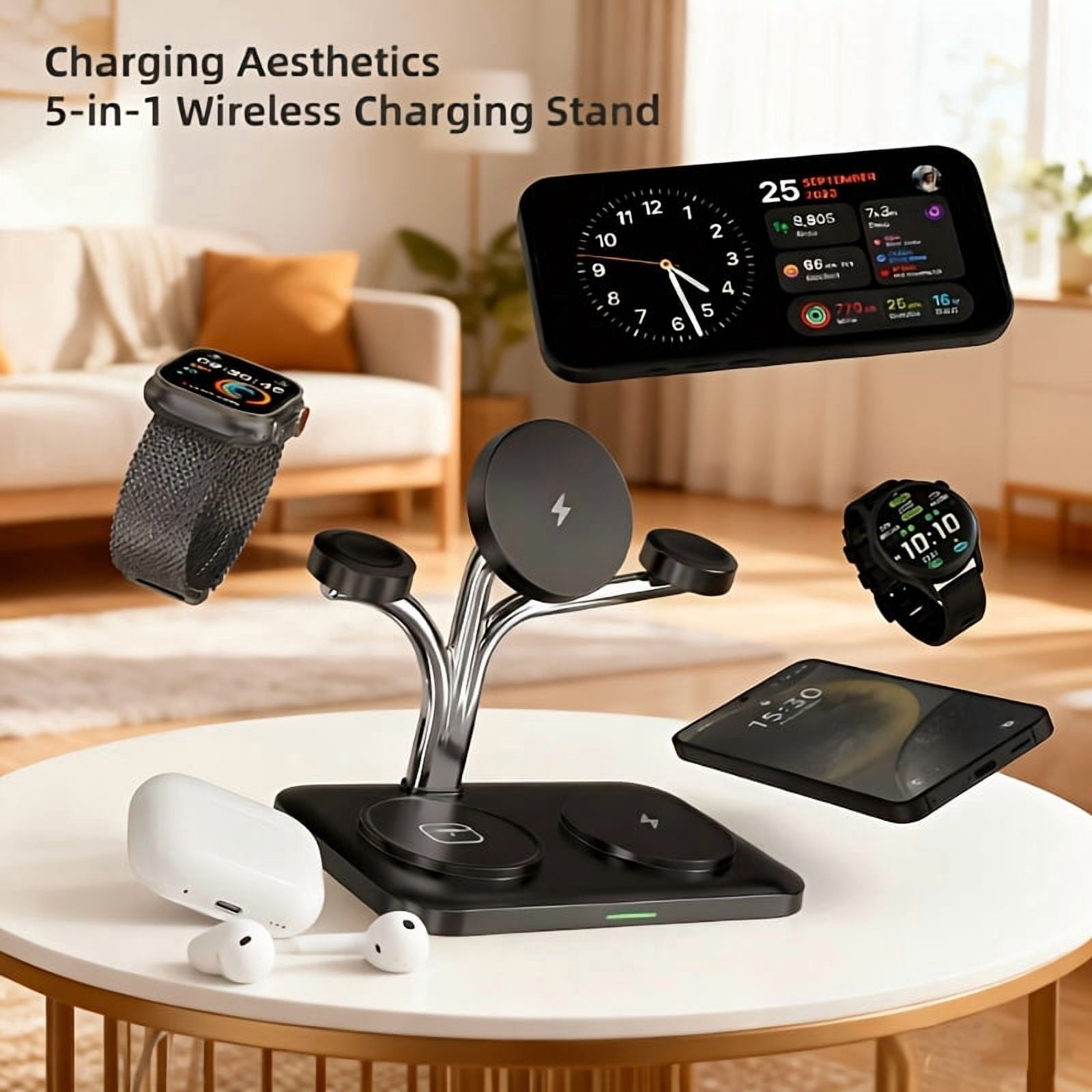 5-in-1 Magnetic Wireless Charging Stand for iPhone 17/16/15, Apple Watch Series 9/8/7, AirPods 3/2 with Night Light & USB Output