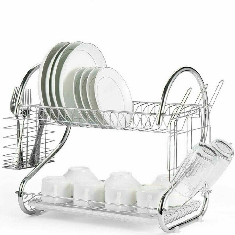 MAJALiS 304 Stainless Steel Dish Drying Rack, Large Dish Rack and  Drainboard Set, 2 Tier Dish Drainers for Kitchen Counter with Cutting Board  Holder, Cup Holders, Utensil Holder and Drying Mat