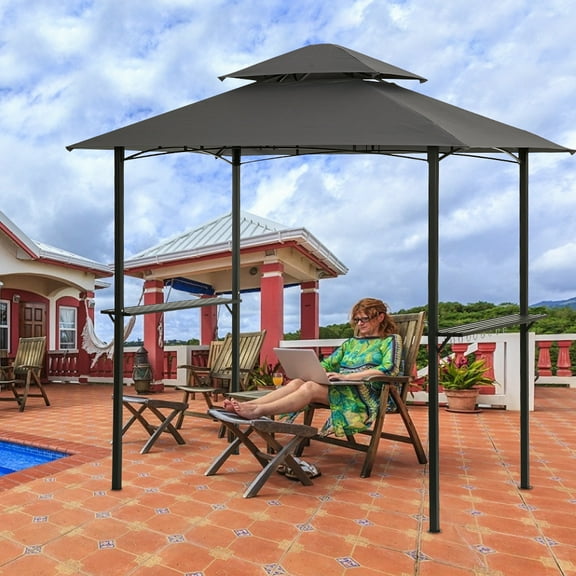 Outdoor Canopy Gazebo with LDE Light, 8 x 5 Ft Grill Gazebo Hardtop for Backyard, Patio Gazebo Clearance, 2-Tier Barbecue Canopy Shelter, Gazebo Tent with Bottle Opener, Mesh Shelves and Hooks, B1847