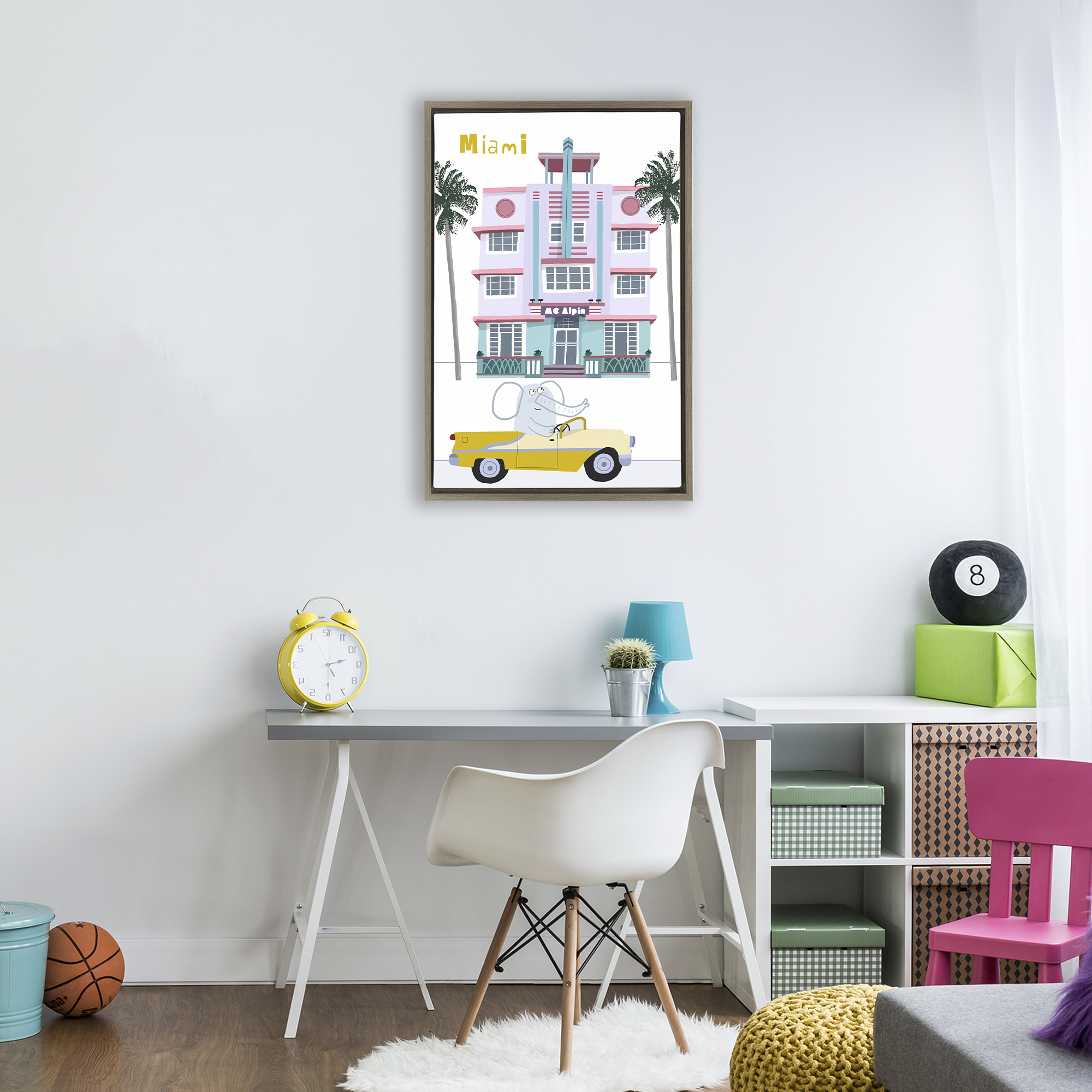 Elephant & Miami Hotel Brown Framed Floater Canvas Wall Art, design by Carla Daly