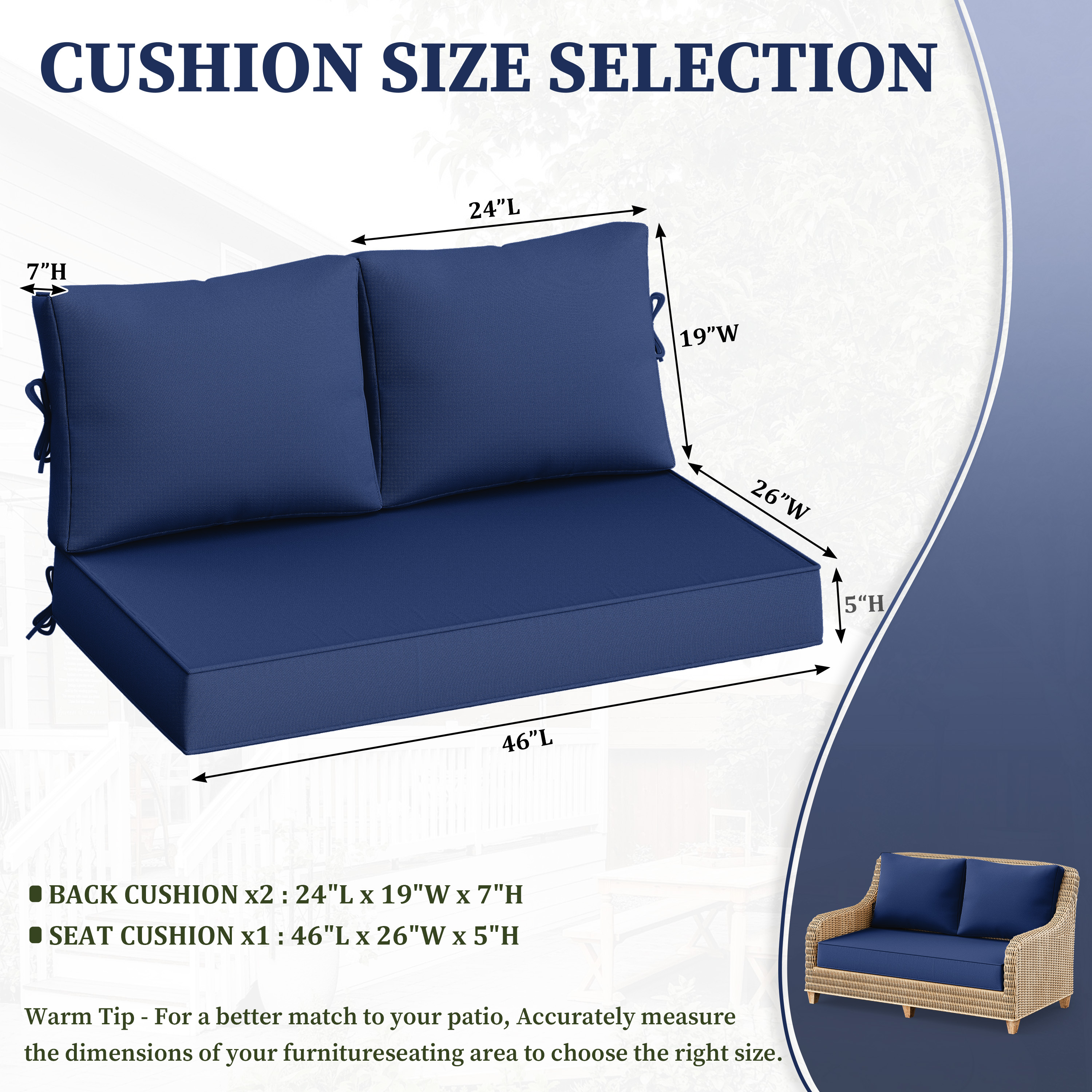 Pakunoda Outdoor Loveseat Cushion Set 46 x 26 Inch, Water Repellent, Fade Resistant, Patio Loveseat Replacement Cushions for Couch Bench and Swing, Blue