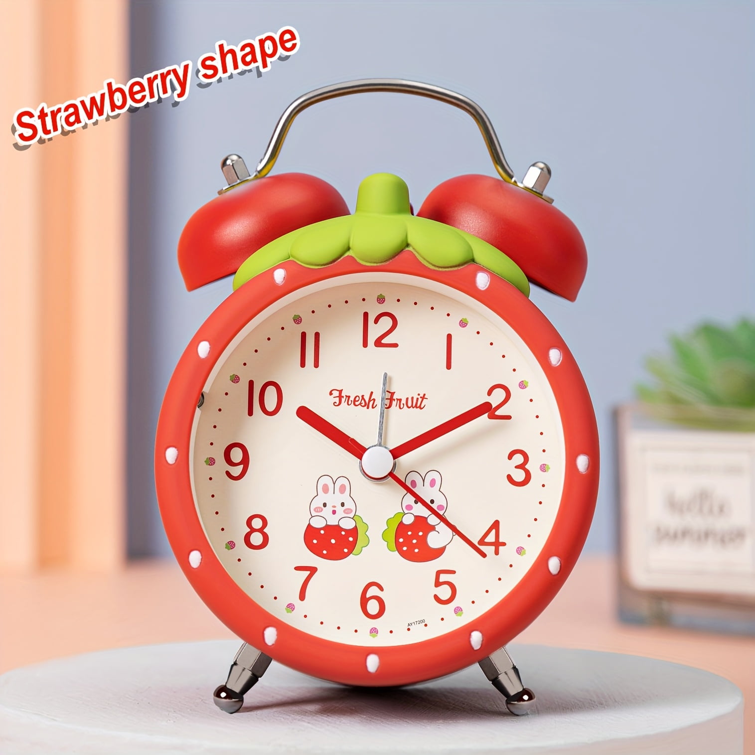 Strawberry-shaped alarm clock | Modern 3.5-inch battery-powered silent alarm clock with dual bells and a night light, suitable for offices, homes, kitchens, bedrooms, and schools.