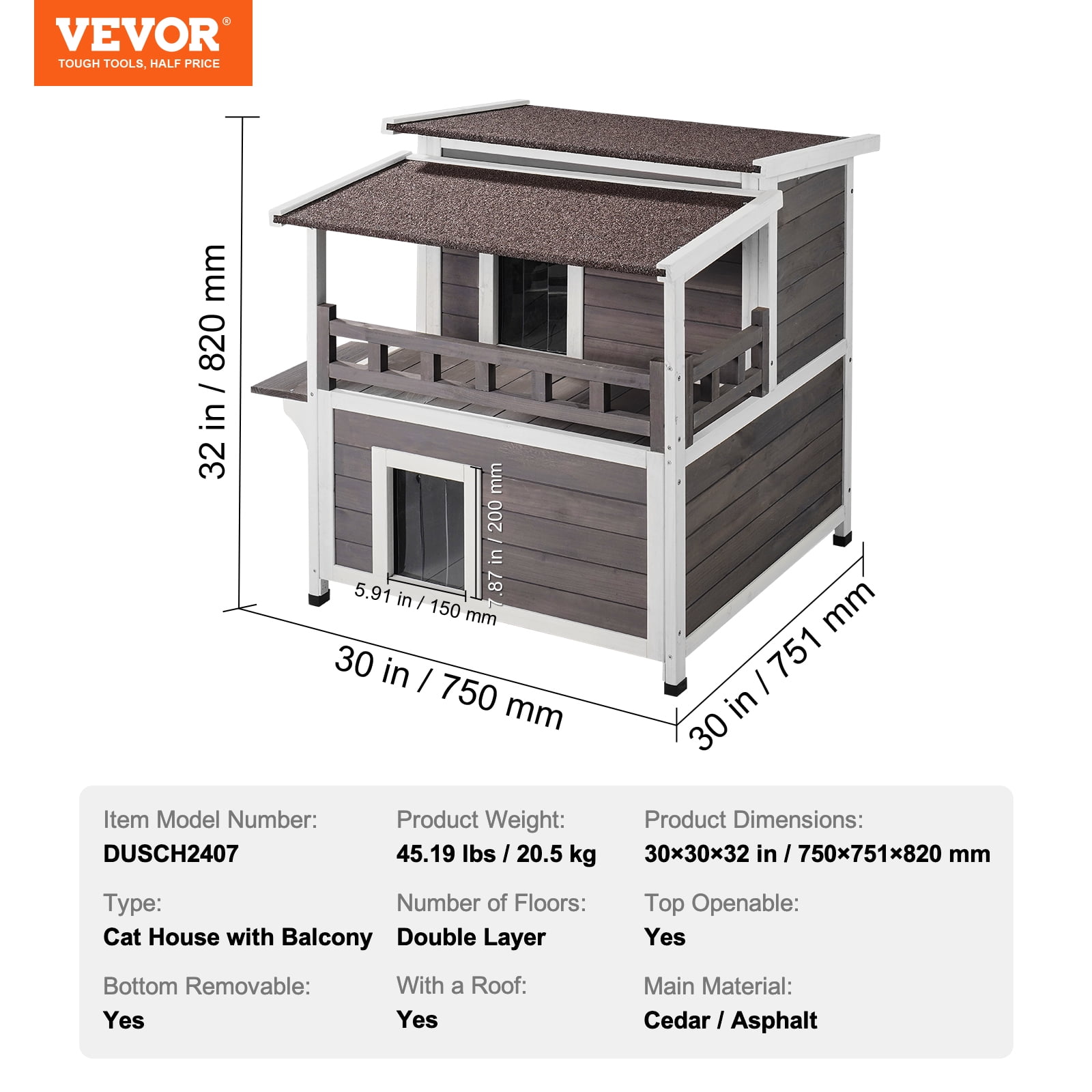 VEVOR Outdoor Cat House Weatherproof, Feral Cat Shelter for Multiple Cats, 2-story Large Outdoor Wooden Cat House with Balcony, Doors, PVC Door Flaps and Open Roof, 30"L x 30"W x 32"H