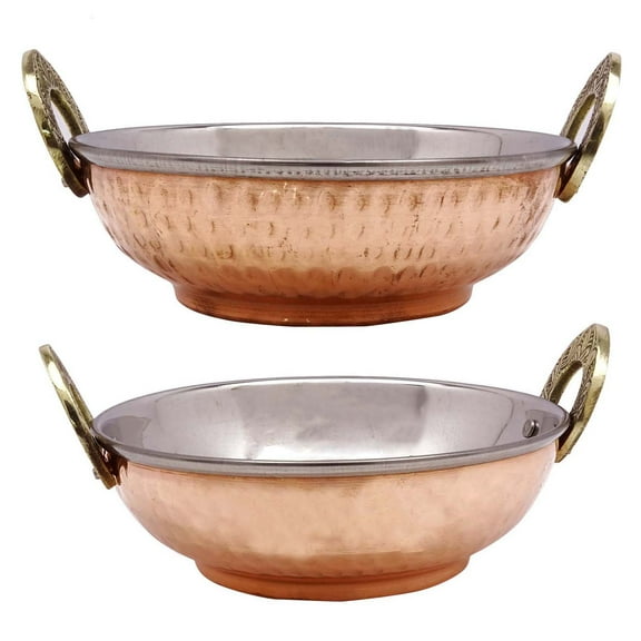 Set Of 2 Copper Karahi Indian Cuisine Tableware Serving Bowl Copper Steel Decor