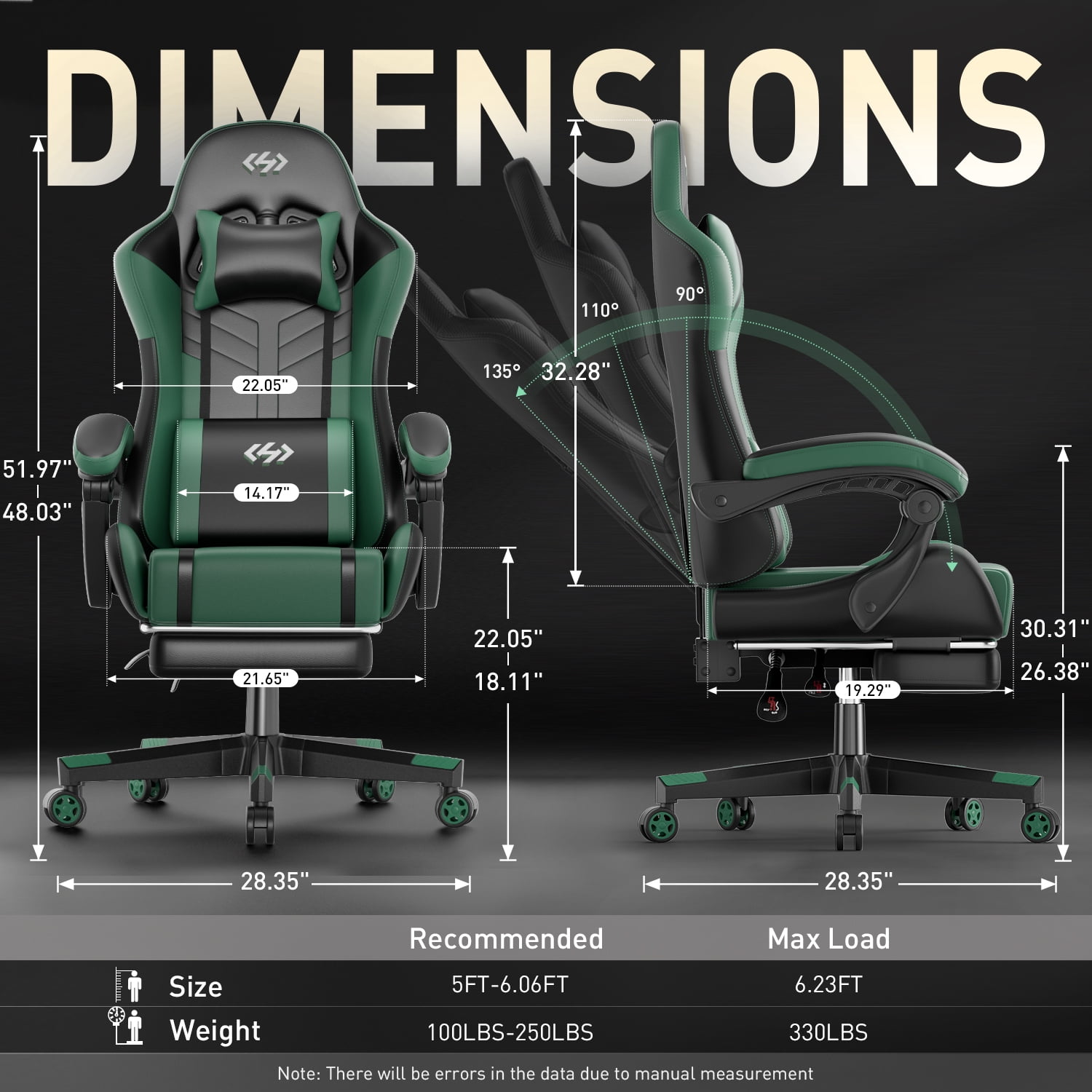 HLDIRECT Ergonomic High Back Gaming Chair with Pocket Spring Cushion, Game Chair with Footrest & Lumbar Massage, Gamer Chair, Computer Chair for Adults, Black & Green