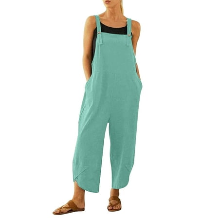 

Atinetok Jumpsuits for Women Dressy Casual Loose Pocket Plus Size Cotton Linen Button Strap Jumpsuits Overalls Summer Square Neck Sleeveless Solid Long Formal Rompers Mint Green XXXXXL