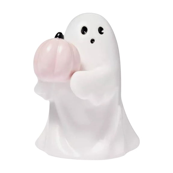 Halloween Ghost with Pumpkin Ceramic Figurine – 4.5" White Glazed Mini Ghost Statue for Home, Office, Gift Décor