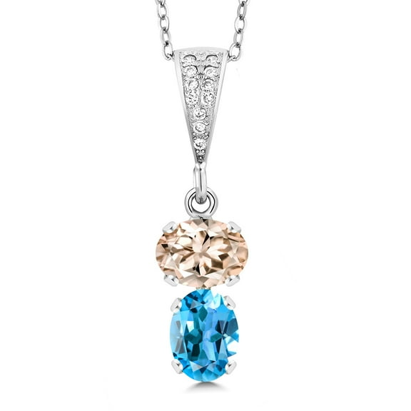Gem Stone King 925 Sterling Silver Peach Morganite and Swiss Blue Topaz Pendant Necklace for Women (2.37 Cttw, Gemstone October Birthstone, Oval 8x6MM, with 18 inch Chain)