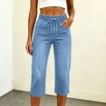 thumbnail image 4 of SAWOBUUN Womens Denim Capri Pants Drawstring Elastic Waist Cropped Jeans Casual Straight Leg Capris Summer Jeans, 4 of 8