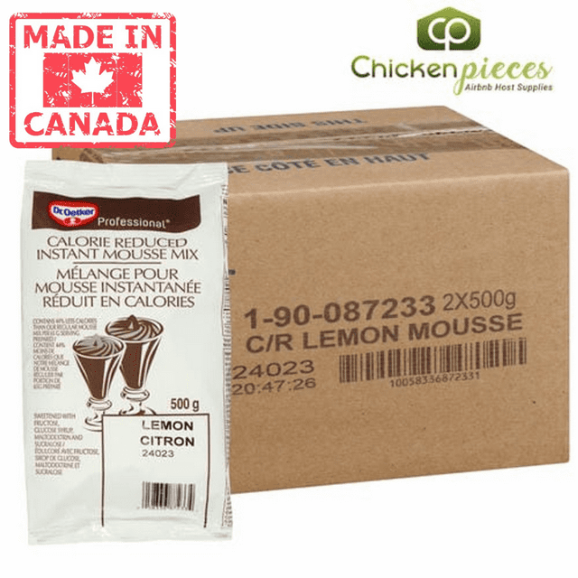 Dr. Oetker Lemon Mousse Mix, calorie-reduced and Canadian-made, shown in a 500g package alongside a labeled shipping box containing 2 packs per case. The packaging highlights its no-cook convenience and professional-grade quality, ideal for desserts like parfaits, tarts, and cakes.